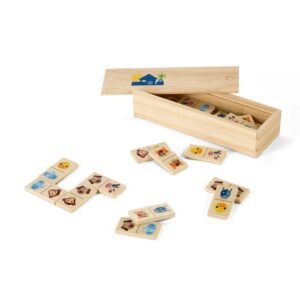 DOMIN. Kids wooden domino game. 28 pieces featuring fun animal figures